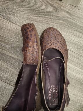 L'ATISTE Brown Cutout Leather Mary Jane Flats with Dark Plum Insole